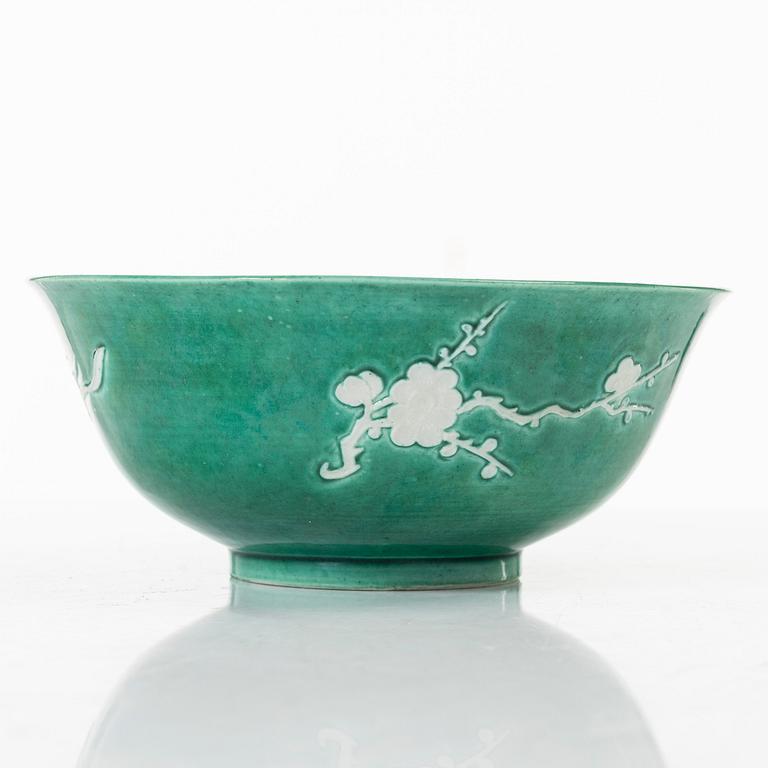 A Chinese green glazed 'three friends of winter' bowl, Republic, 20th century.