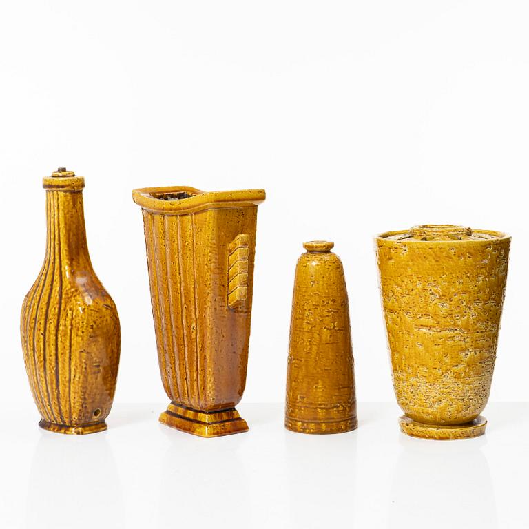 Gunnar Nylund, a set of three chamotte stoneware vases and a lamp base, Rörstrand 1930s-40s.