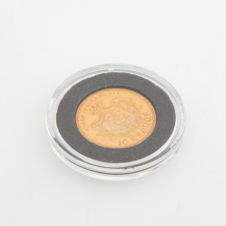 Guldmynt Sverige, Oscar II 10 kr, 1883, felpräglat.