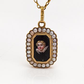 An 18K gold necklace with pearls and enamel with painted decor. Gustaf Dahlgren, Malmoe 1870.