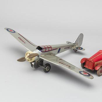 A COLLECTION OF MECHANICAL TIN TOYS, ONE  Frog Interceptor Fighter  Mark IV" England 1930'S.