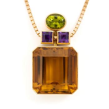 491. Kristian Nilsson, hänge 18K guld med en fasettslipad citrin, ametist pch peridot. Stockholm, 1986.