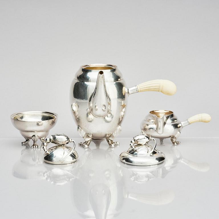 Georg Jensen, a three pieces coffee service in sterling silver, "Magnolia/Blossom", Copenhagen 1933-44.