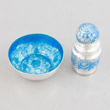 A small silver and blue enamel bowl and a box with lid, mark of Lars Arby, Gothenburg, Sweden, 1965 and 1968.
