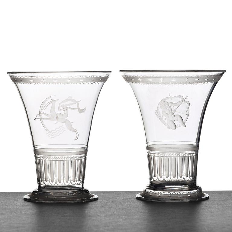 Simon Gate, two Swedish Grace engraved glass beakers, Orrefors, Sweden 1924.