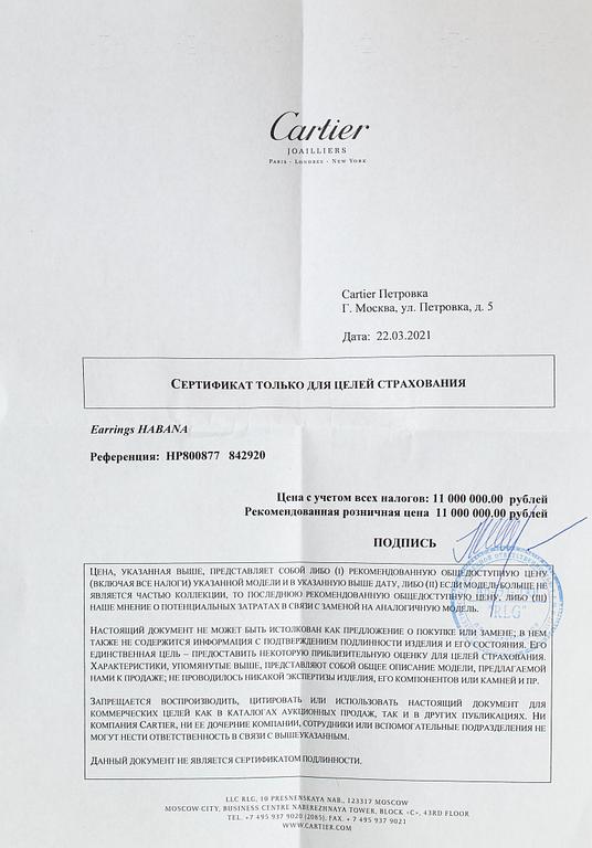 Cartier, Korvakorupari "Habana", 18K valkokultaa, briljanttihiottuja timantteja n. 11.22 ct yht. Merkitty Cartier 842920.