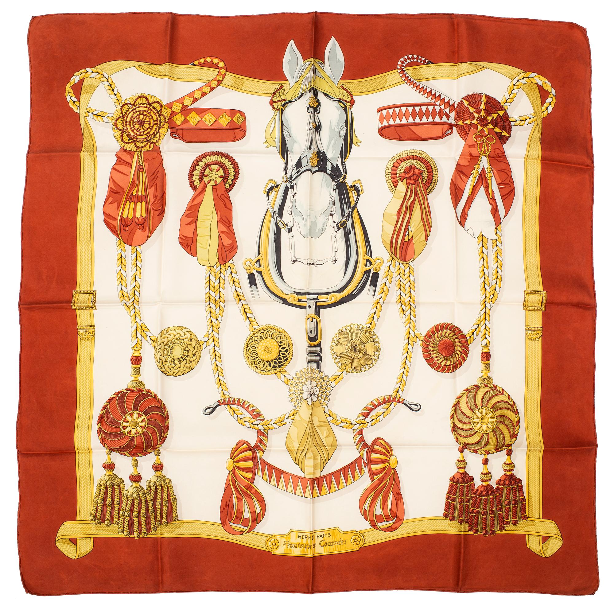 HERMÈS, 
two scarves, "Frontaux et Cocardes", one Dip Dyed at Hermès, Cathy Latham, 1968.