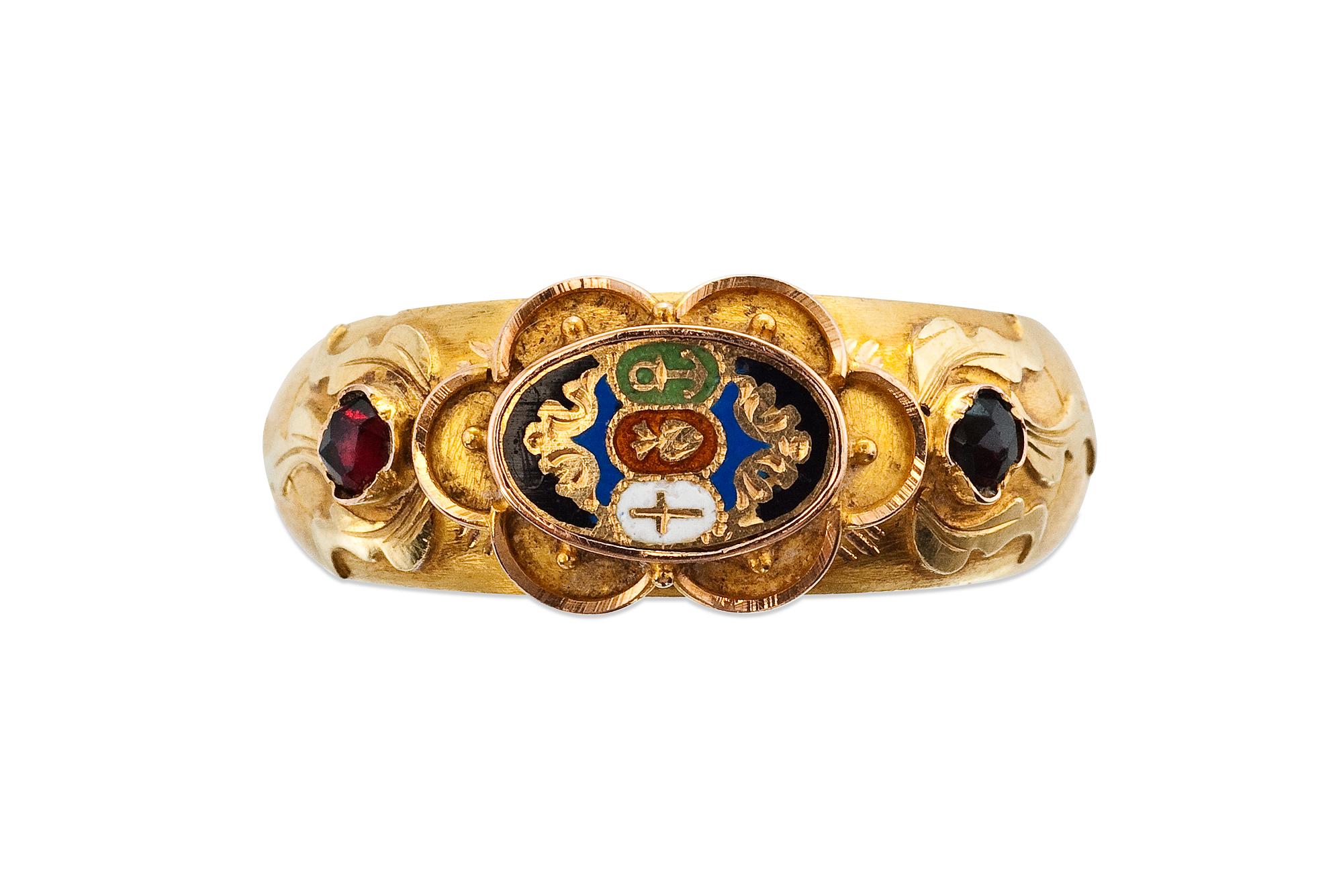 A GOLD RING WITH ENAMEL.