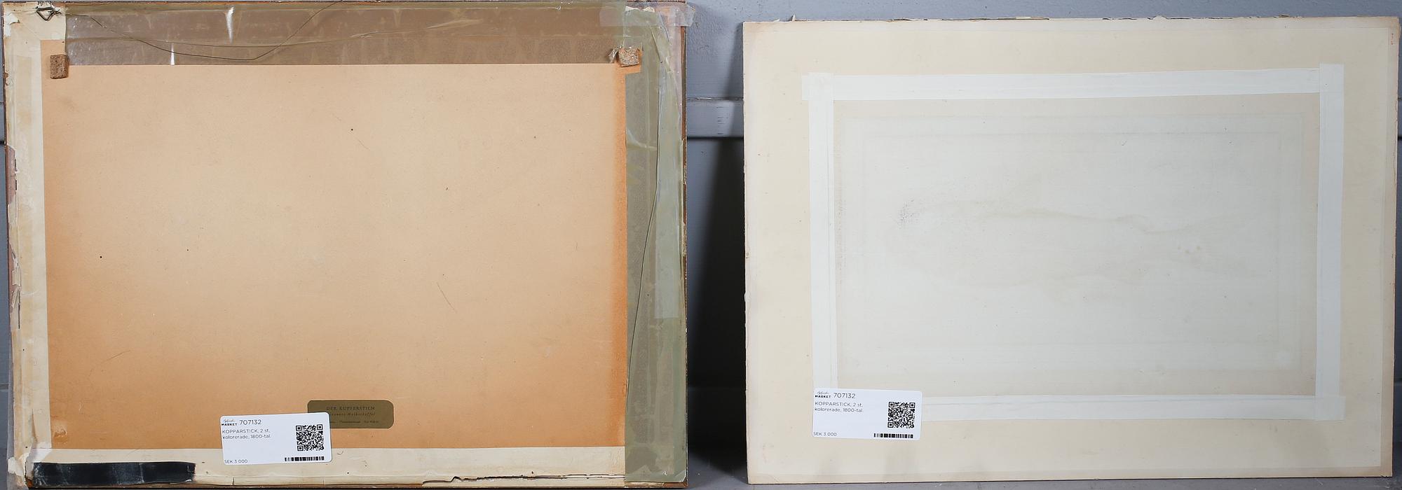 KOPPARSTICK, 2 st, kolorerade, 1800-tal.