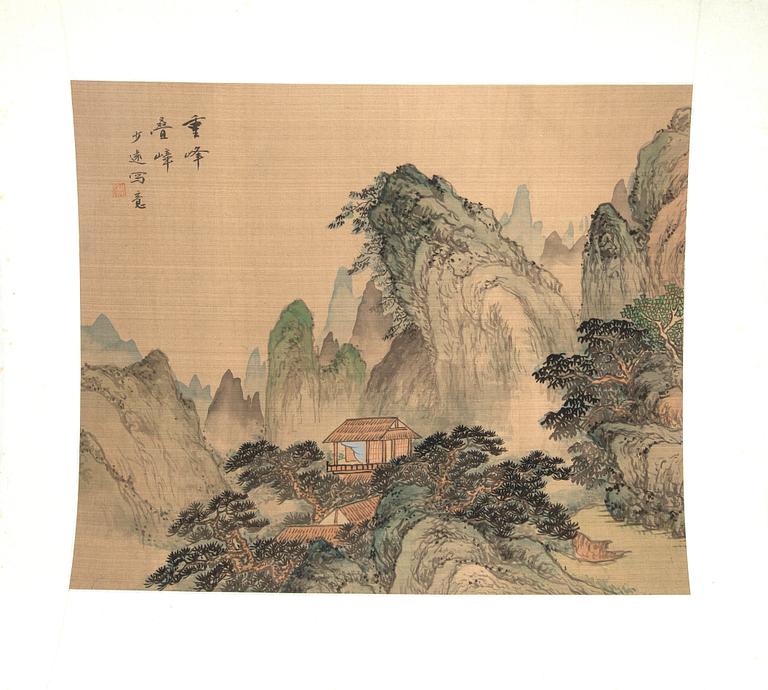 Four Chinese paintings, ink and colour on silk, 20th century, signed.