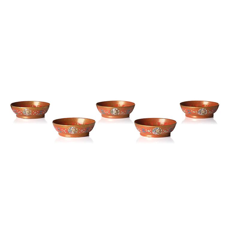 A group of five coral-red-ground famille-rose 'Imperial wedding' wares, Qing dynasty, Tongzhi period.