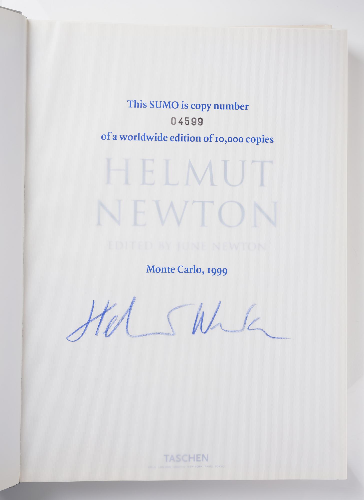 Helmut Newton, Signed book published by Taschen, Monte Carlo, 1999, ed 10000, with a metal table.