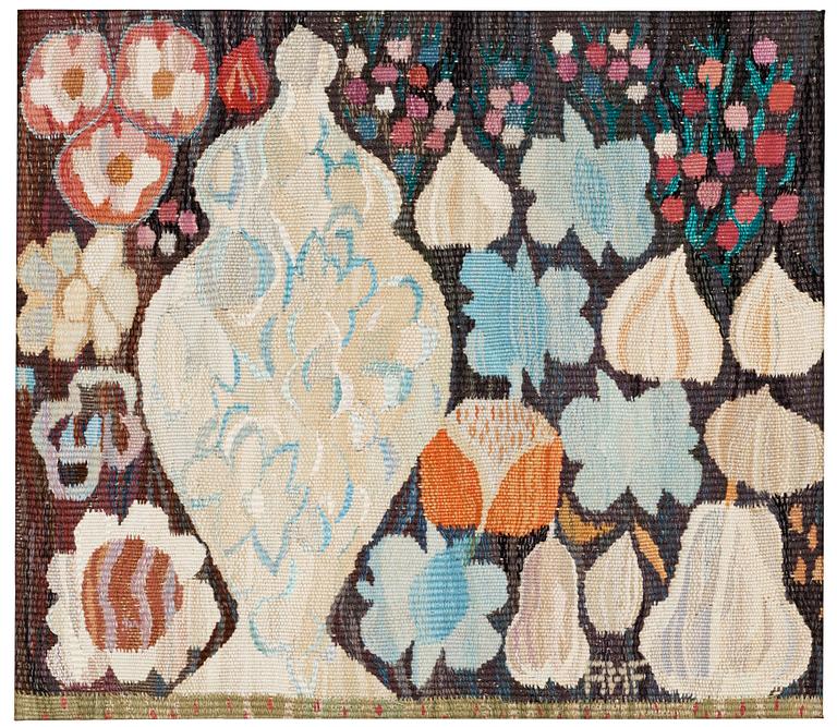 TEXTILE. "Kruka och Frukter". Tapestry weave (gobelängteknik). Ca 50,5 x 57 cm. Signed AMF.