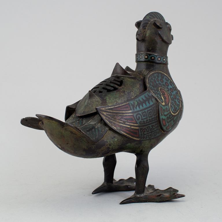 A Japanese bronze and cloisonné censer in the shape of a bird, 20th Century.