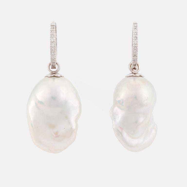 Freshwater pearl and brilliant-cut diamond earrings.