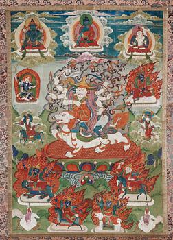 A Tibetan or Mongolian thangka of Dorje Legpa on lion, surrounded by a Buddhist pantheon, presumably 19th Century.