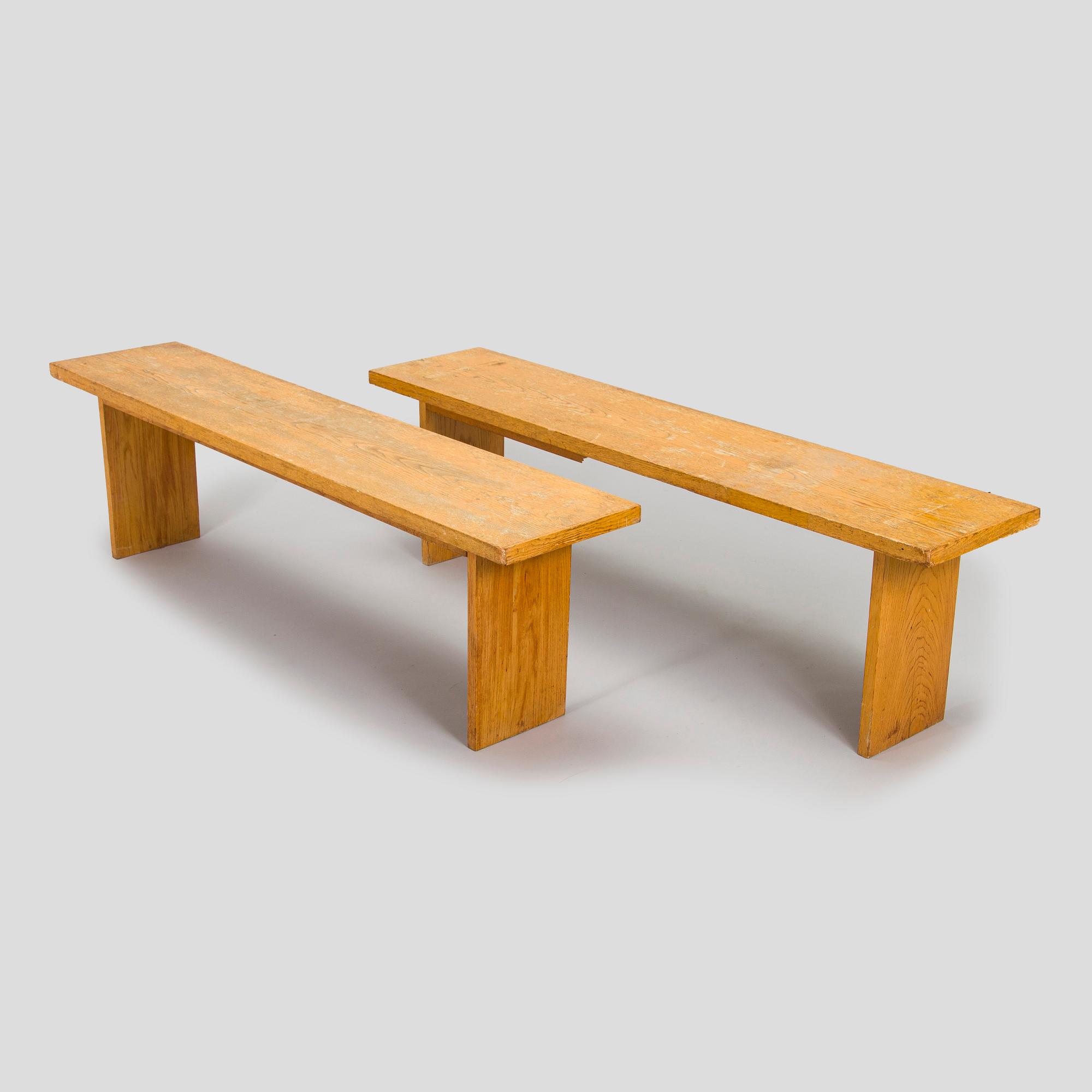 Dining table and two benches, mid-20th century.