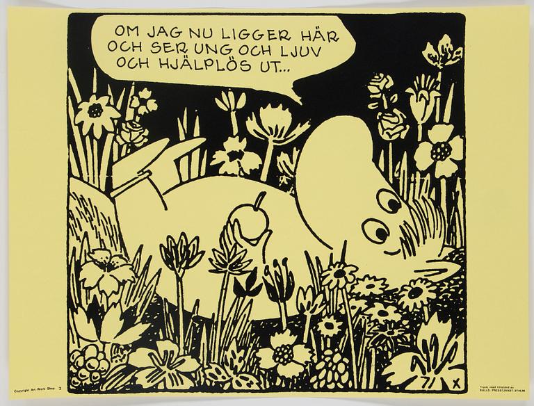 TOVE JANSSON, six Moomin posters from Bull's Presstjänst, Art Work Shop, 1960's.