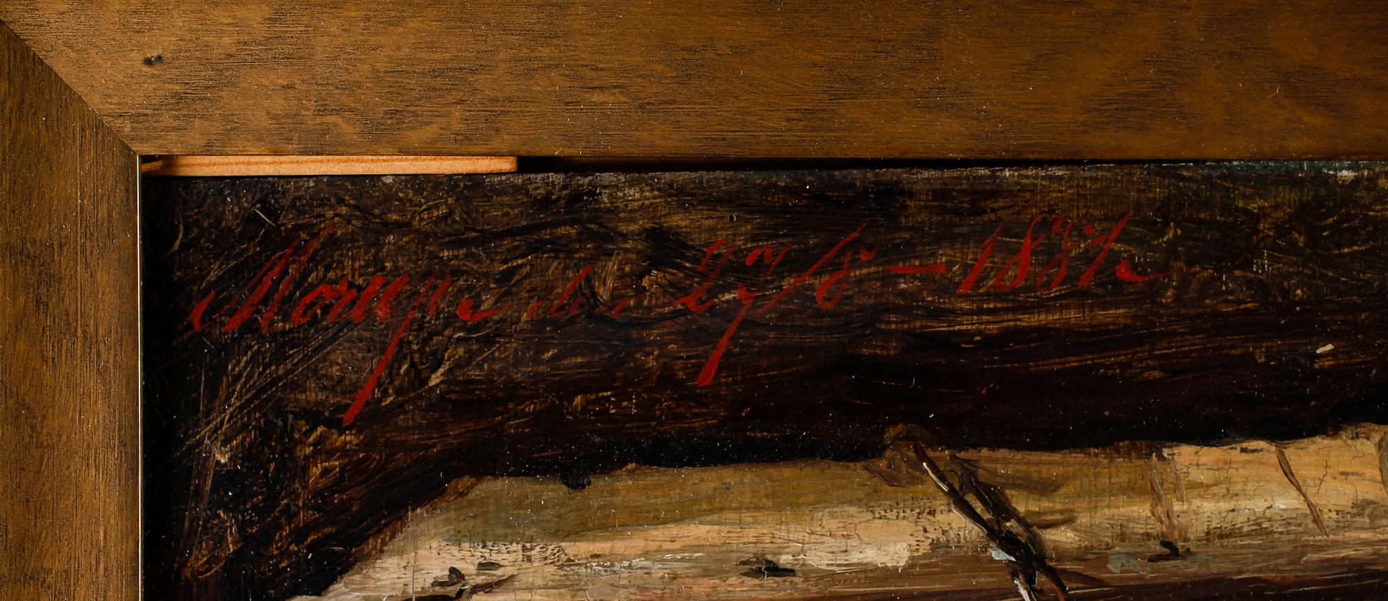 OIDENTIFIERAD KONSTNÄR, olja på pannå, otydligt signerad,  daterad 27/8 1881.