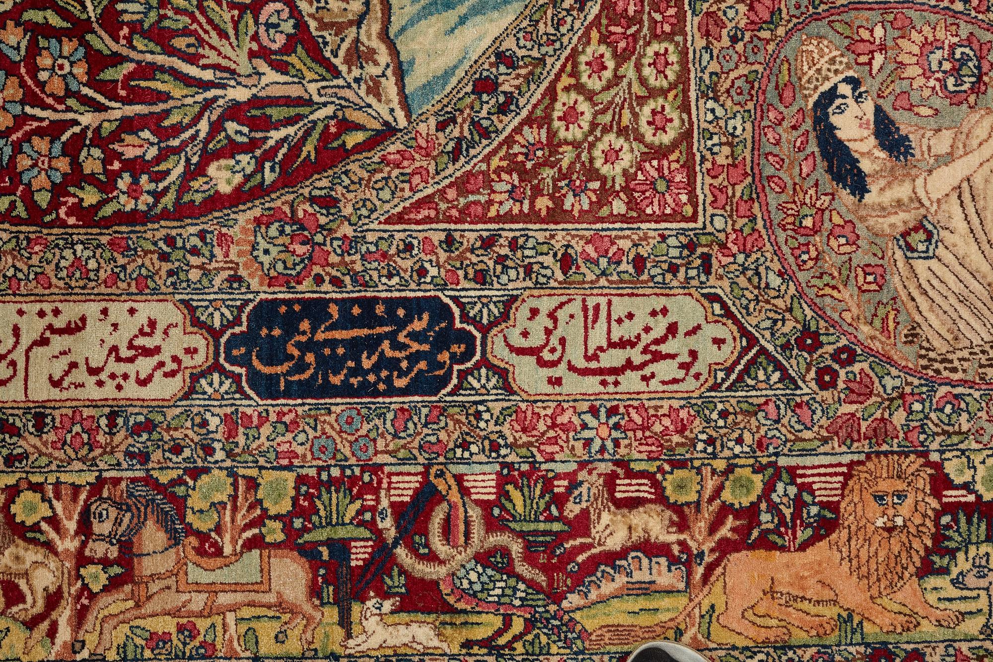 Matto, antique Kerman Laver figural, ca 209,5-211 x 131-133,5 cm.