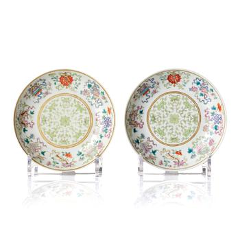 A pair of famille rose 'Bajiaxiang' dishes, Qing dynasty with a red Tongzhi mark.