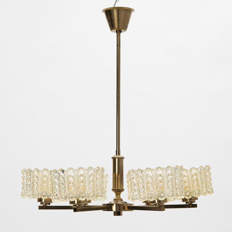 A brass and glass ceiling lamp, second half of the 20th Century.