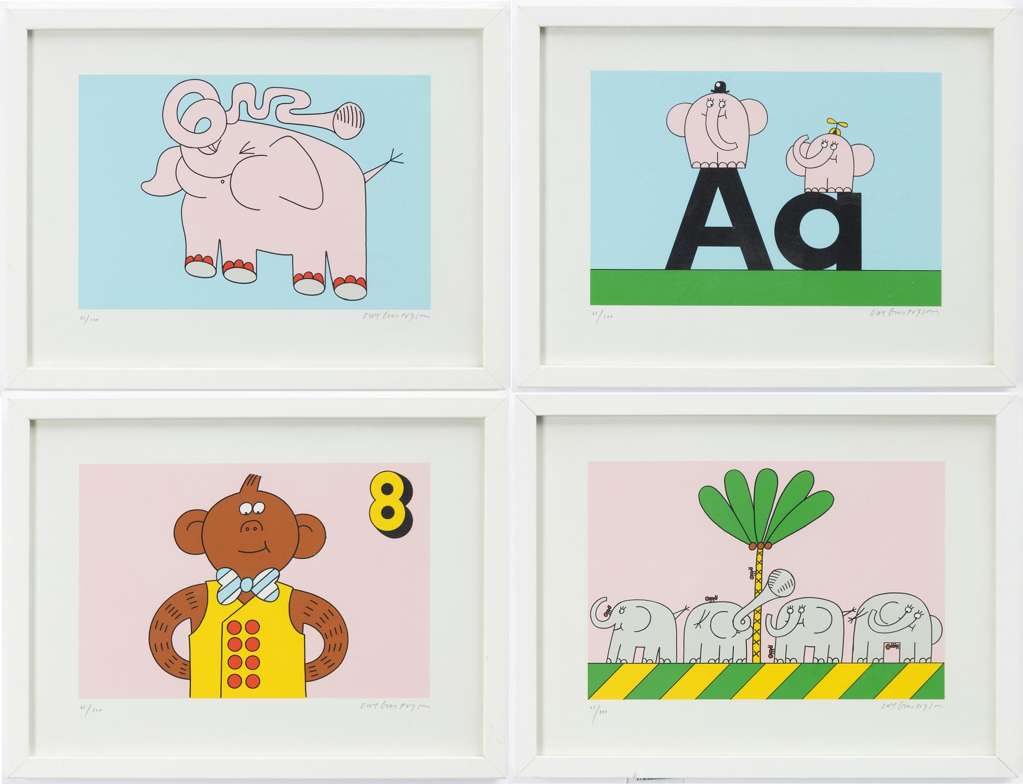 Owe Gustafson, screen prints, 4 pcs, from "Fem myror är fler än fyra elefanter".