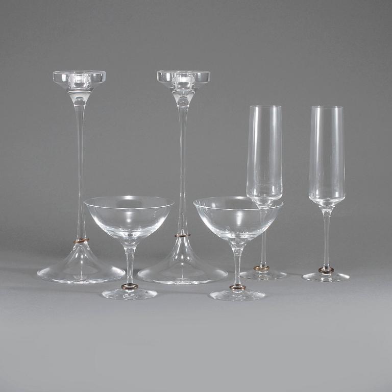 PARTI GLAS, 6 delar, glas och silver, "Amor Vincit Omina", Efva Attling, Orrefors, omkring 2000.