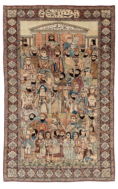 A Persian Kerman Laver 'Mashahir' ( 'The rulers of the world') rug, ca 240 x 147 cm.