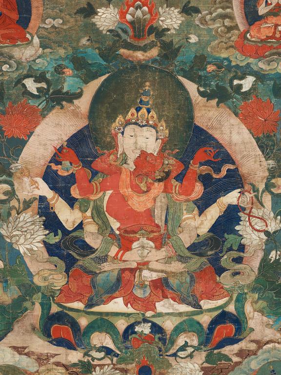 A rare Bon thangka depicting a deity with consort, presumably Southern/Western China, around 1900.