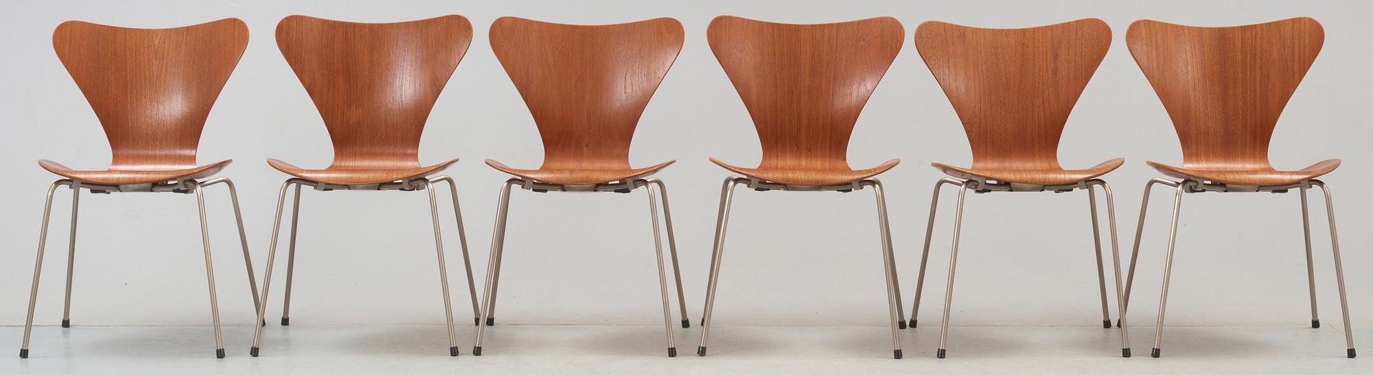 ARNE JACOBSEN, stolar, 6 st, "Sjuan", Fritz Hansen, Danmark 1950-tal.