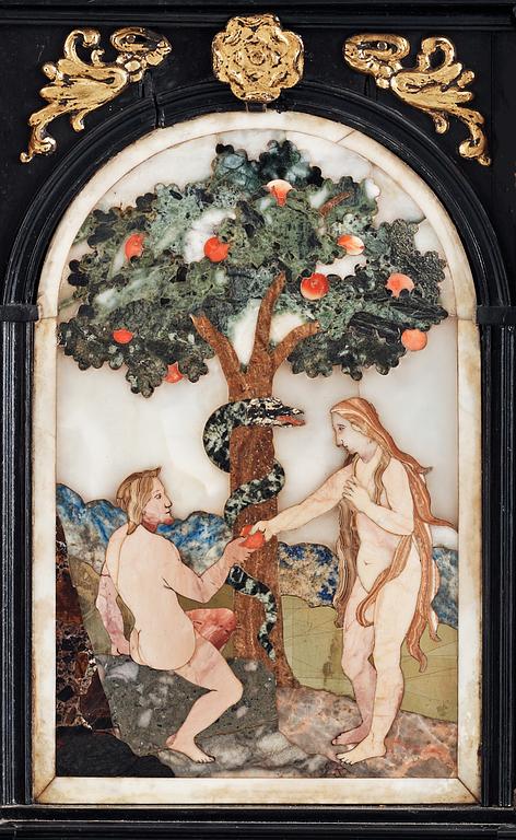 A Baroque second half 17th century pietre dure cabinet, probably Flemish. On later stand.