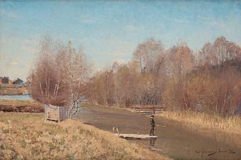 505. Carl Johansson, Spring landscape with boy fishing.