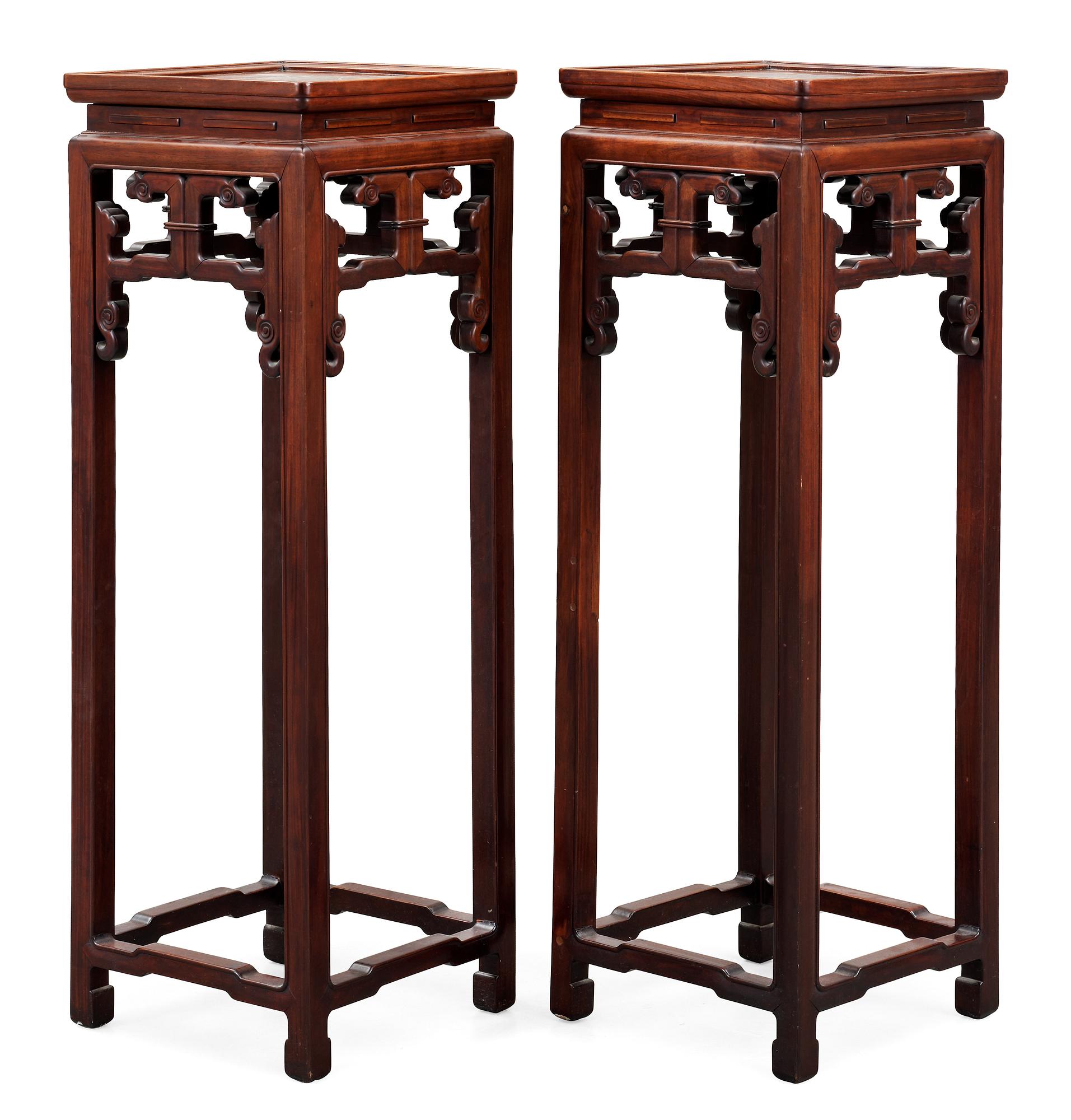 A set of two hardwood pedestals, presumably late Qing dynasty.