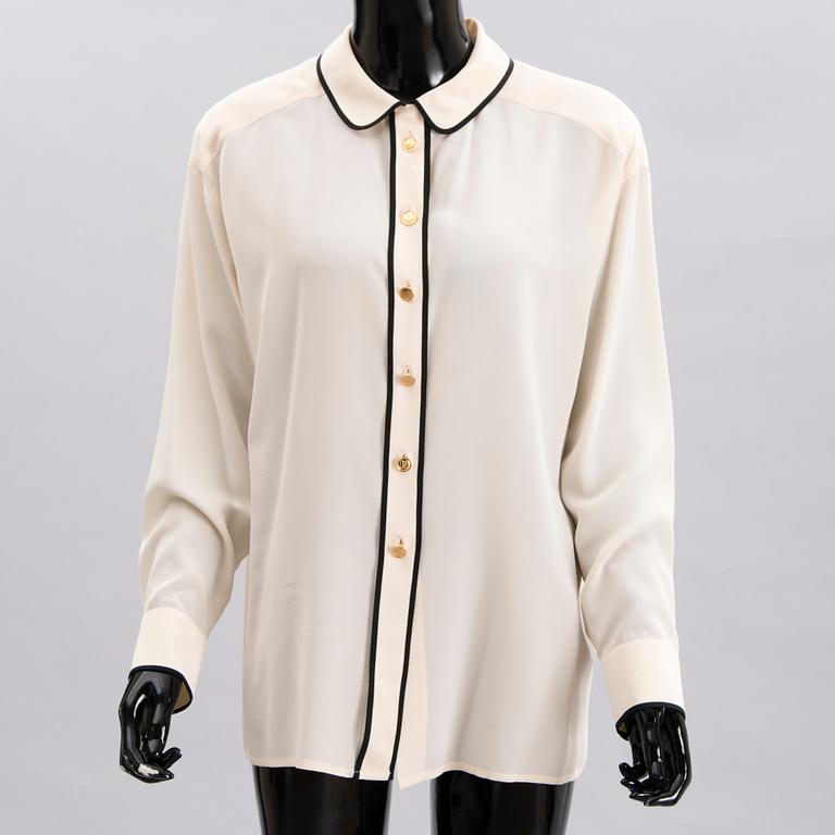 Two Chanel Crepe de Chine Cream Coloured Silk Blouses.