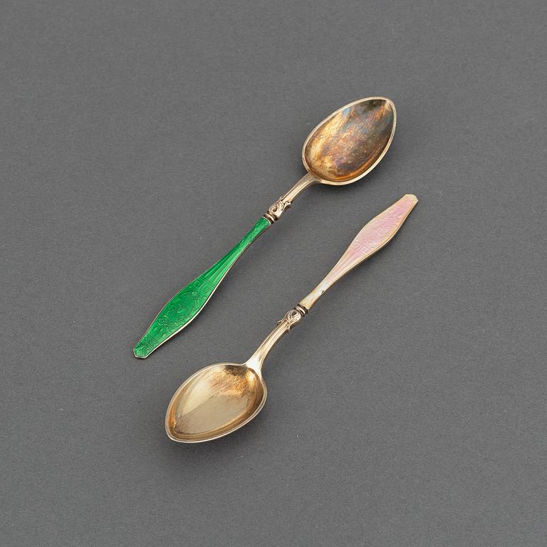 12 Norwegian silver-gilt and enamel spoons, mark of David Andersen, Oslo.