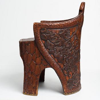 Gustaf Fjaestad, a pair of Art Nouveau carved pine chairs "stabbestolar", Arvika Sweden 1908-1909.