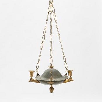 A Swedish Empire three-light gilt brass and tole hanging-light, early 19th century.