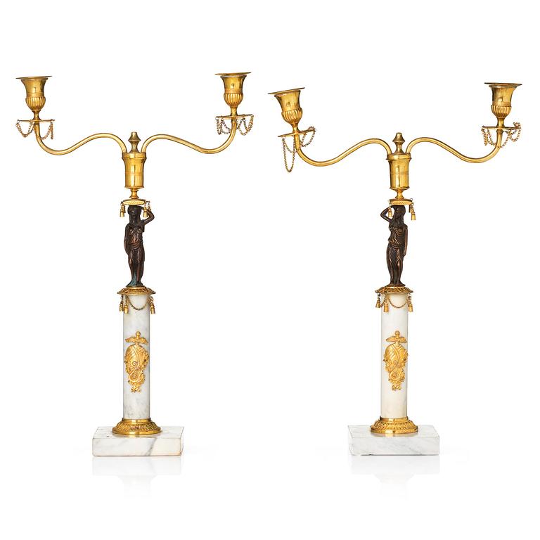 A pair of late Gustavian two-branch candelabra in the manner of F. L. Rung, Stockholm, circa 1800.