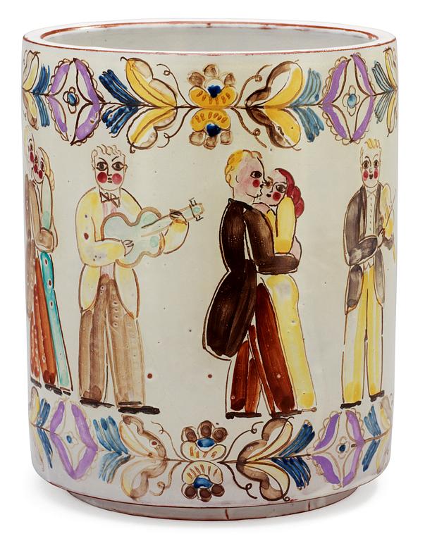 A Stig Lindberg and Wilhelm Kåge faience pot, Gustavsberg 1937.