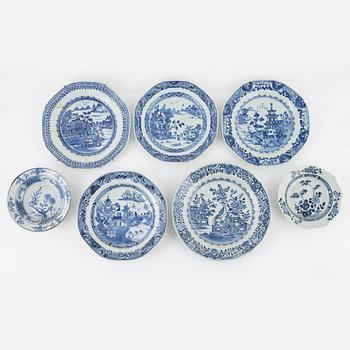 Seven blue and white porcelain plates, China, Qianlong (1736-95).