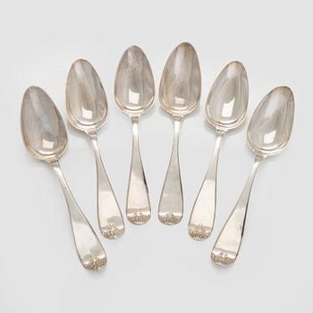 Saltkar, silver, C. I. Rindell 1810-37, och matskedar, 6 st, silver, A. Mörck, Björneborg 1800-talets första hälft.