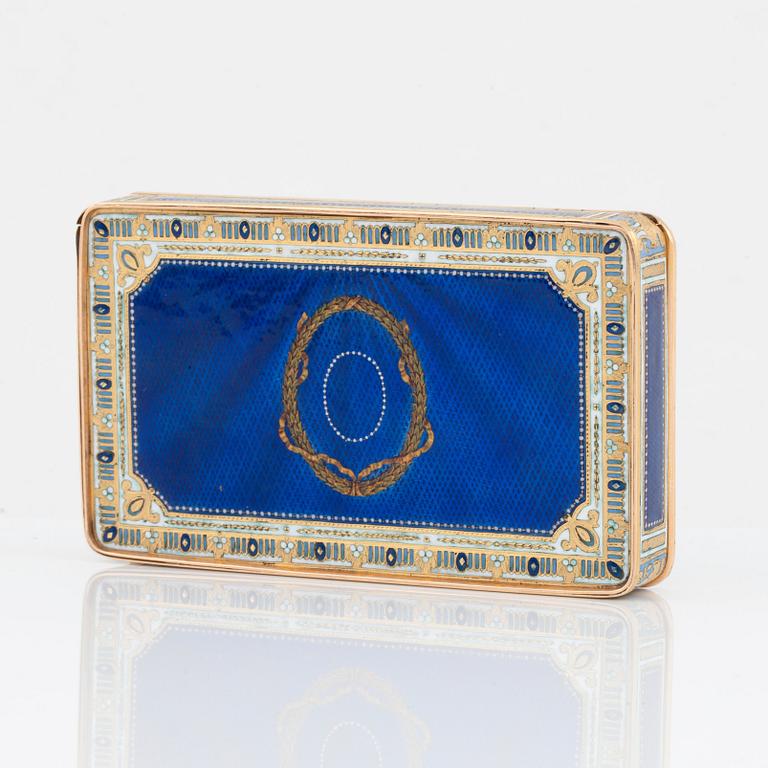 A Swiss late 18th century gold and enamled snuff-box, mark of Georges Rémond, Genève.