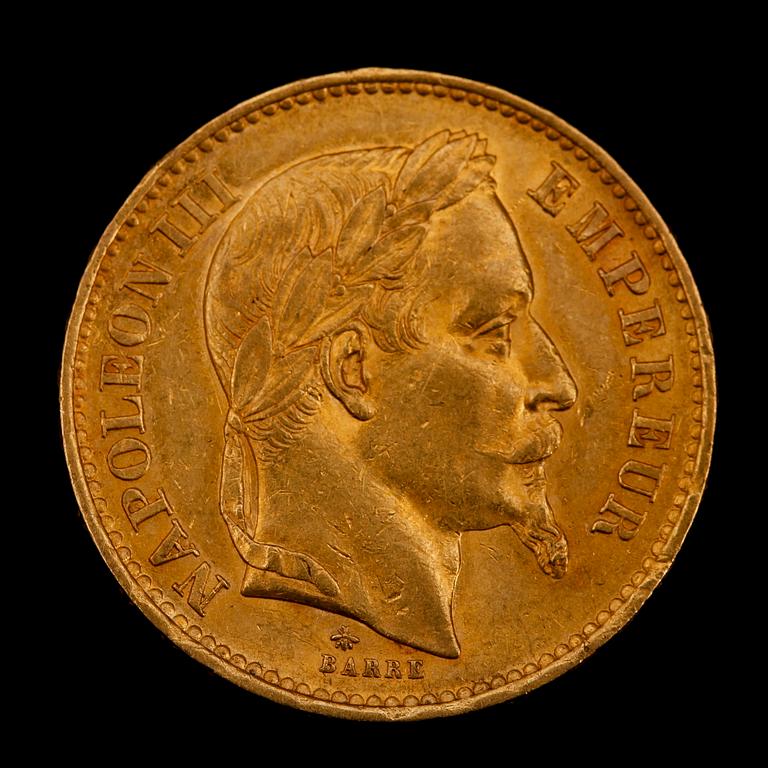 GULDMYNT,20 fr, Napoleon III, 1869. Vikt ca 6 g.