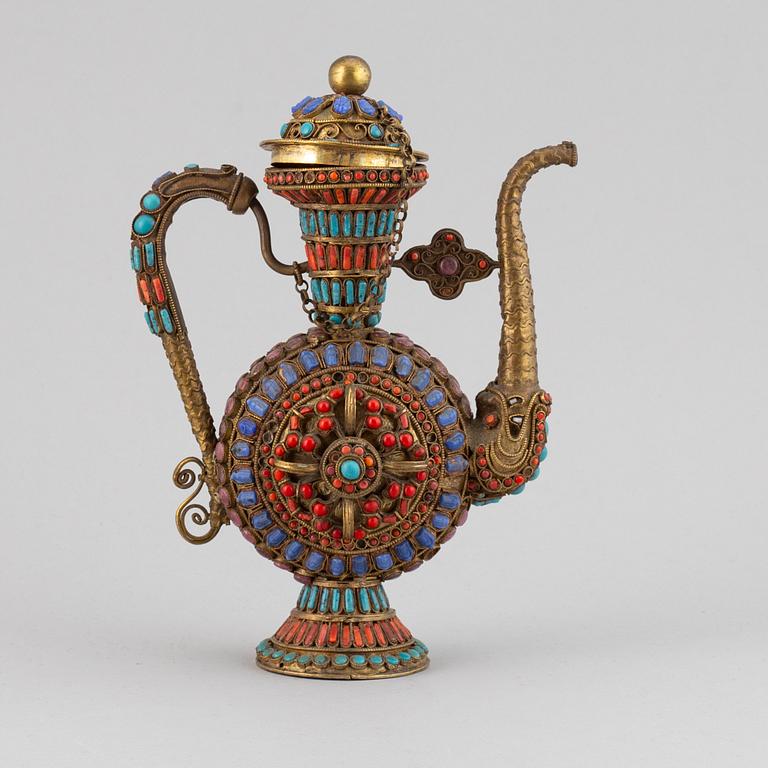 A Tibetan metal and stone inlay pot, 20th century.