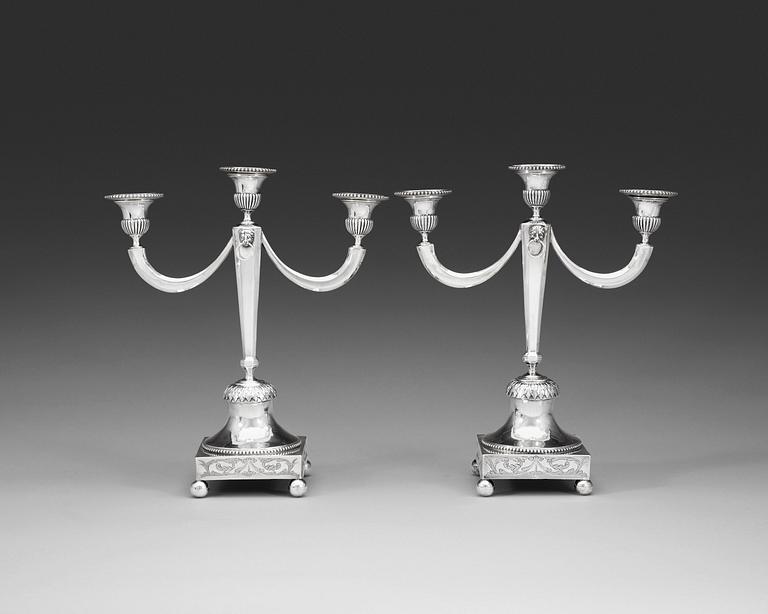 A pair of Swedish late 18th century silver candelabra, marks of Olof Hellberg, Stockholm 1799.