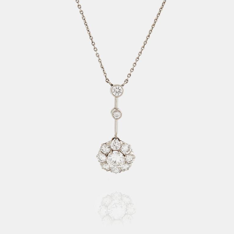 A NECKLACE set with a round brilliant-cut diamond.
