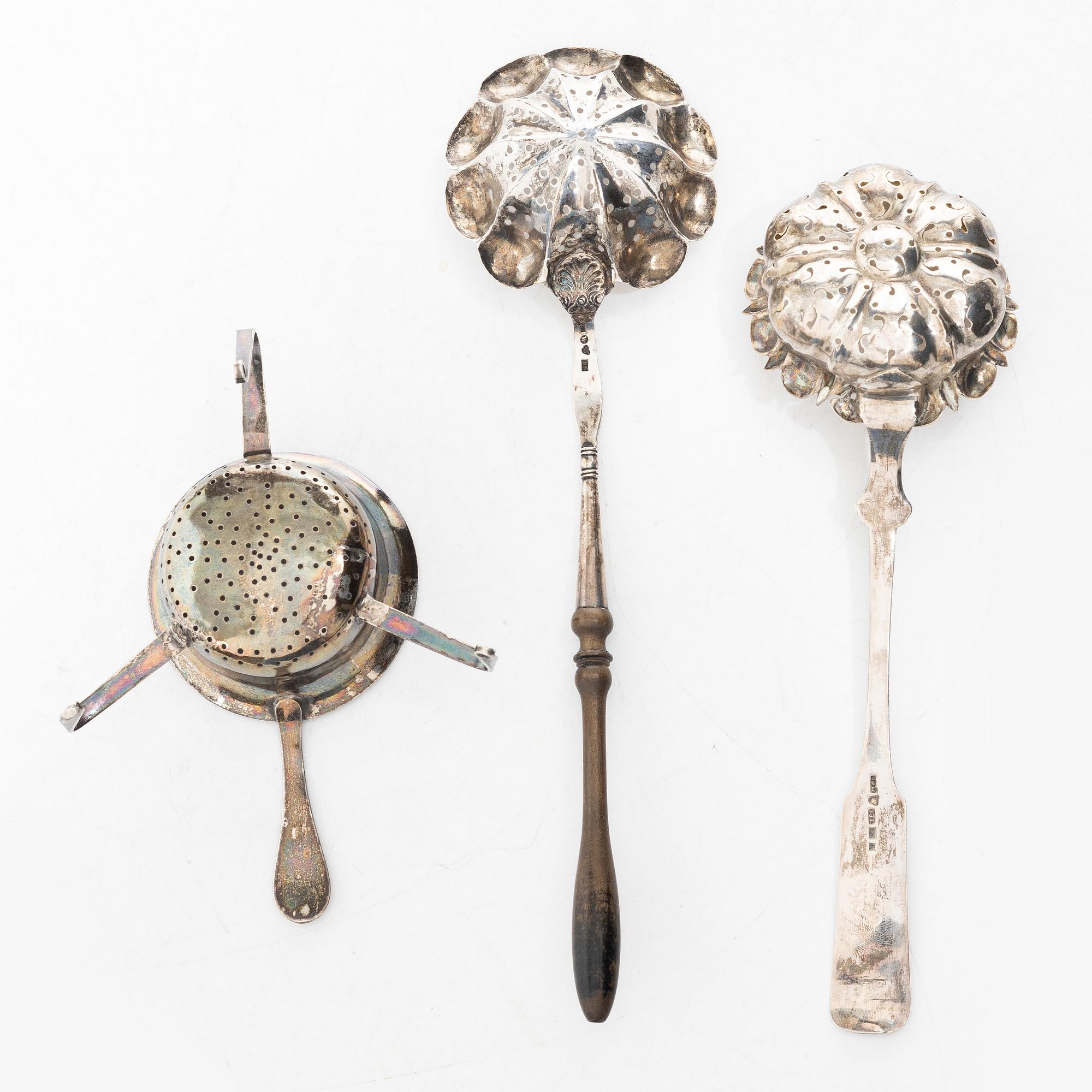 Tea strainers, 3 pcs, silver, Sweden and Finland, 19th century.