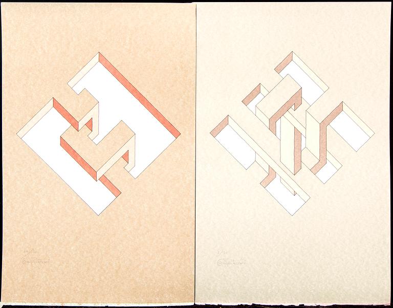 Oscar Reutersvärd, three color lithographs, signed 2/120, 38/120 & 49/120.