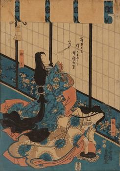 UTAGAWA KUNISADA I (TOYOKUNI III) (1786-1865), a colour triptych, woodblock print, Japan, 19th century.
